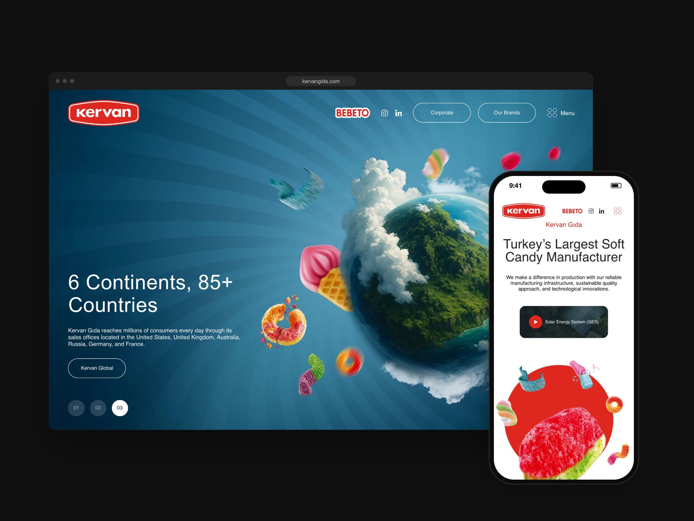 Kervan Gıda homepage on desktop, with the mobile site in front